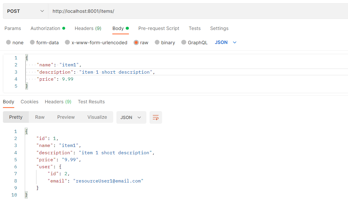 Postman http request to create an item